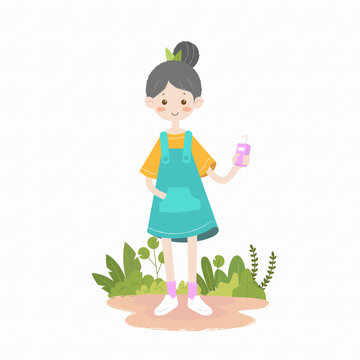 Girl Holding Juice Box In Jumpsuit Children Simple Illustration