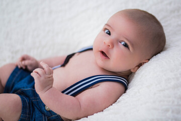 Baby with suspenders 1 month old 