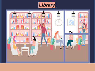 Library with people reading books, vector graphics
