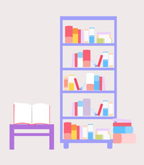 Bookcase and table with book, vector graphics