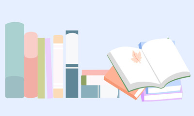 Books stand neatly and next to lies an open book, vector graphics