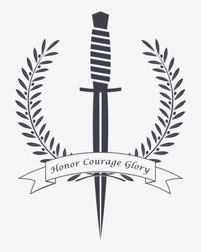 Crossed Daggers. Crossed  Combat Knives. Emblem Silhouette. Ribbon with Copyspace Area for Your Text or Slogan. Logo or Tattoo. Sticker or Patch for Jackets Shirt and T-Shirts