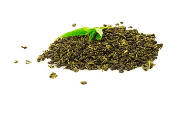 Heap of tea with green leaf plant isolated on white background - 376960993