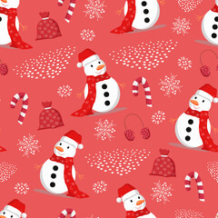 Christmas seamless background with snowman, snowflakes and gift bag on red background
