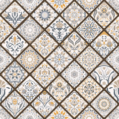 Seamless colorful patchwork. Hand drawn background. Azulejos tiles patchwork. Traditional ornate Portuguese and Spanish decorative tiles azulejos. Abstract background. Ceramic tiles. Vector - 376961500