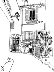 Old street of romantic Antibes, Provence, France. Nice European city. Urban landscape in hand drawn sketch style. Line art. Wall decor. Vector illustration.