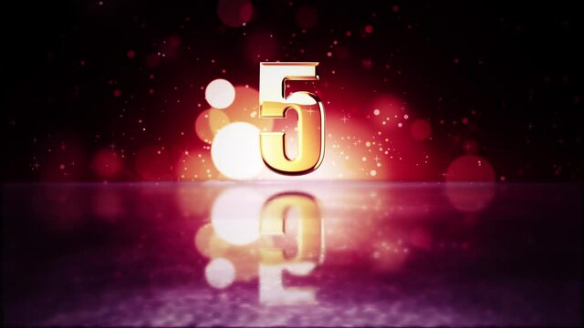 Countdown from 10 to 0 second on bokeh background, glowing golden font with bloom effect. 4K 3D rendering countdown with glowing glittering particles for New Year Eve and Winter festival season.