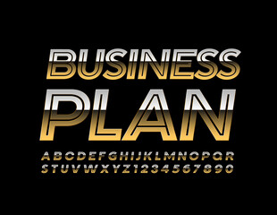 Vector elite sign Business Plan. Shiny Metallic Font. Gold creative Alphabet Letters and Numbers set