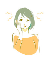 頭痛でこめかみを抑える50代女性の手描き風イラスト
