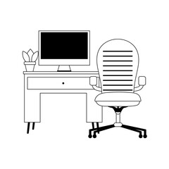 workspace chair desk computer and plant isolated icon line style