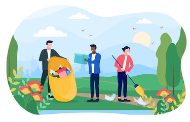 Environmental concept with a group of diverse young people cleaning up garbage in a meadow against the backdrop of an urban landscape. Flat vector illustration