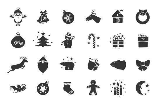 Christmas flat icons for web design and mobile app. Black pictures on white background. Sweet christmas candy cane, gingerbread house, man and other