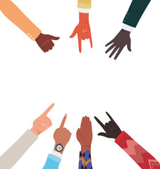 hands with number one like and rock sign of different types of skins vector design