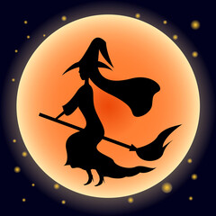 Silhouette of a witch riding a broom in front of the moon