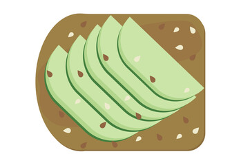 Avocado toast illustration. Avocado slices on toasted bread, vegan sandwich with sesame seeds