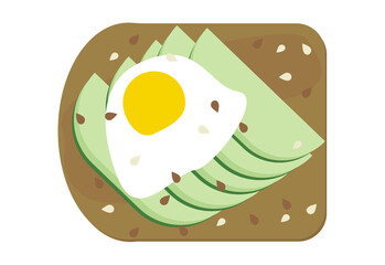Avocado toast with poached egg illustration. Avocado halves on toasted bread, vegan sandwich with sesame seeds