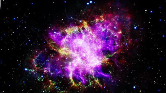 Flight Into the colorful Crab Nebula Pulsar supernova galaxy animation. Traveling through star fields and galaxies in deep space. Elements of this image furnished by NASA. 4K 3D animation rendered.
