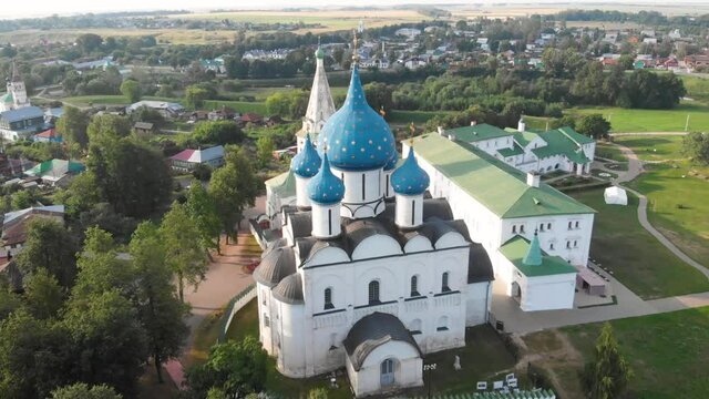 panorama of city Suzdal, Russia. Nativity Cathedral of Suzdal Kremlin and river view from above.