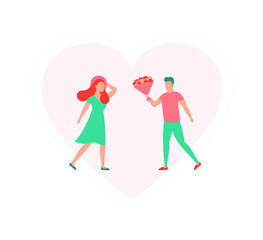 Man and woman in love are at romantic date. White background with big pink heart and flat people. Vector illustration