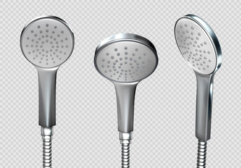 Shower heads with metal hoses and nozzles for water flowing, hand held bathroom device, modern standard bath room fixture isolated on transparent background Realistic 3d vector illustration, icons set