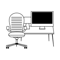 workspace armchair computer desk and lamp isolated icon line style