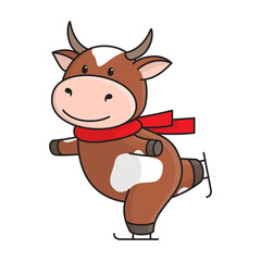 Cute red spotted cow or bull in red scarf is engaged in figure skating. 2021 is the year of the Ox according to Chinese calendar. Ready-to-print stock flat illustration isolated on white background