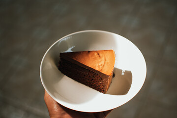 Delicious dark chocolate cake in white plate with beautiful sunlight.

