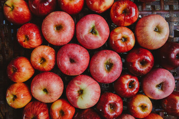 Pile of colorful organic apples during harvest time. Ripe apples on wooden basket. Shallow depth of field.
