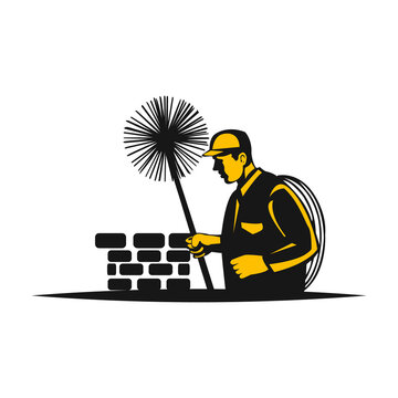 Chimney sweep with tool in uniform and chimney on the roof symbol