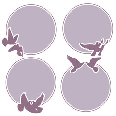 Wedding decorative round elements with doves couples; pastel frames for wedding design; vector set