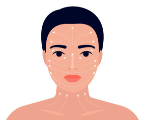 Woman face and neck massage instruction with arrows. Relaxing techniques massage. Apply cream to the face with line massage. Vector illustration
