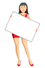 A young woman stands in full growth holding a blank poster in her hands. Isolated on white.