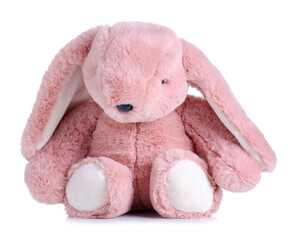 Pink bunny soft toy on white background isolation