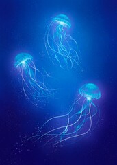  Neon jellyfish in the deep sea. Digital illustration. © natalia