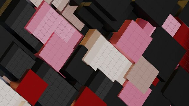 Abstract architectural composition made of cubes, aka building elements, cladding colored . Against the background, motion - movement and rotation, 3D rendering