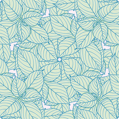 Hydrangea leaves vector repeating pattern. Outlined serrated foliage seamless illustration background.
