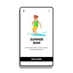 Summer Rain Puddle Play And Splashing Boy Vector