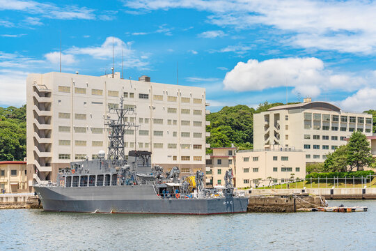 yokosuka, japan - july 19 2020: Minesweeper ship JS Hirado MSO-305 of the Japan Maritime Self-Defense Force berthed in the Yokosuka Naval Port.