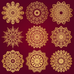 Set of nine golden mandalas on a burgundy background. Luxurious vector ethnic ornaments.