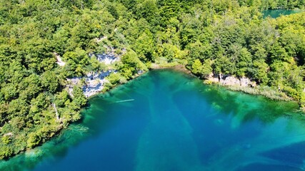 Plitvice National Park, Croatia, aerial view. Unique cascade of clear turquoise water lakes, unesco heritage. 