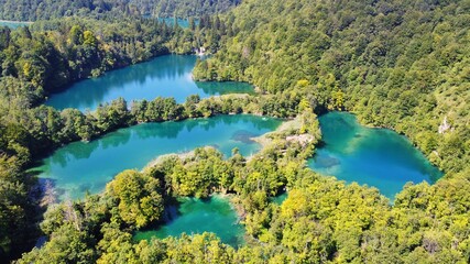 Fototapeta na wymiar Plitvice National Park, Croatia, aerial view. Unique cascade of clear turquoise water lakes, unesco heritage. 