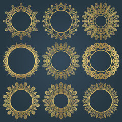 Set of nine gold round frames on blue background. Collection of round luxury vector ethnic ornaments for mirrors, paintings, title page, greeting and gift cards.