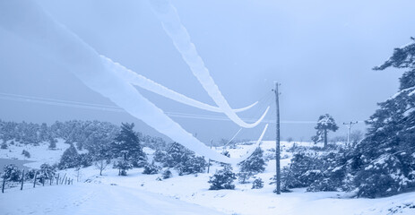 Electrical wires or power line covered by snow