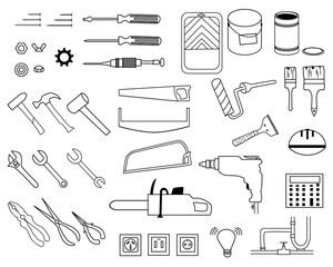 Home repair big line icon setwith different work tools. llustration for repair theme, doodle style