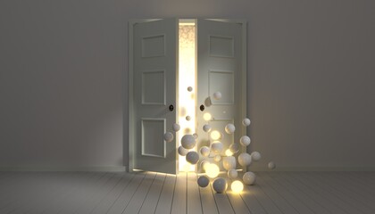 Open doors with abstract spheres entering a room. 3D render / rendering.