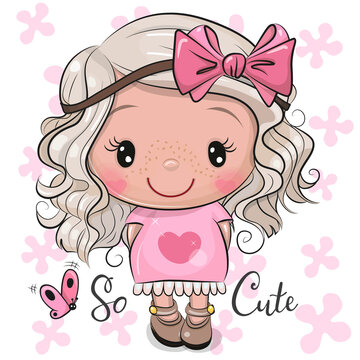 Cartoon Girl in a pink dress with bow