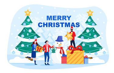 Winter holidays concept. Young girls and man are standing near snowman and smiling on the background of gift boxes and Christmas trees decorated with toys. Web page template. Flat vector illustration
