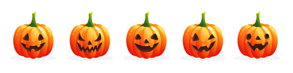 Set of spooky Halloween pumpkins with various face. Orange pumpkins with emotions on white background. Autumn holidays. Template for greeting card poster, brochure, flyer. Vector cartoon illustration.