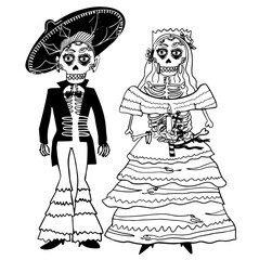 Portrait of a girl and a man skeleton. Dia de los Muertos mexican sugar. Design element for logo, label, emblem, sign, poster, t shirt. Vector illustration of mexican sugar skull. Day of the dead.