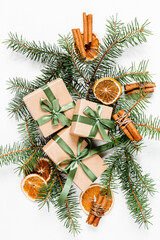 Christmas zero waste eco,furoshiki gifts environmentally friendly gift wrapping craft paper fir branches, gift cozy winter winter evening Christmas Eve, ecological concept eco-friendly decor xmas